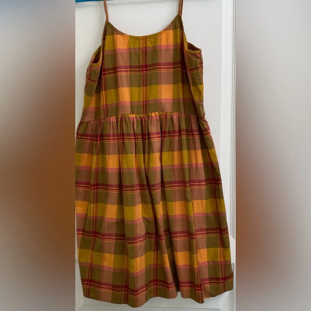 Madewell Babydoll Cami Dress in Yummy Olive & Raspberry (banana & peach) Plaid! - Picture 2 of 8